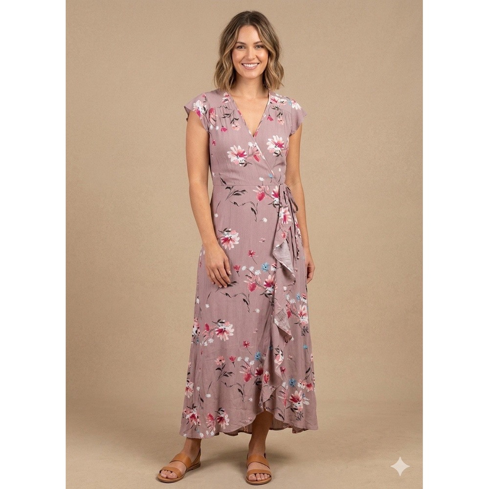 Band of Gypsies Floral Wrap Maxi Dress Mauve Flutter Sleeve V-Neck Ruffle Hem